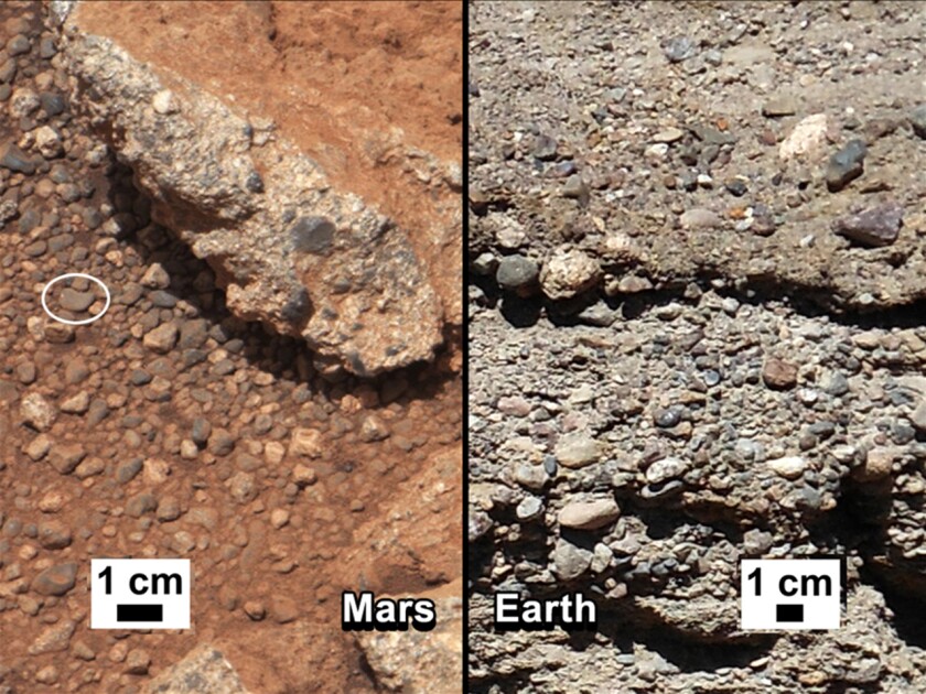 A comparison of the Link outcrop of rocks on Mars (left) with similar rocks on Earth (right) (Photo: NASA/JPL-Caltech/MSSS and PSI)