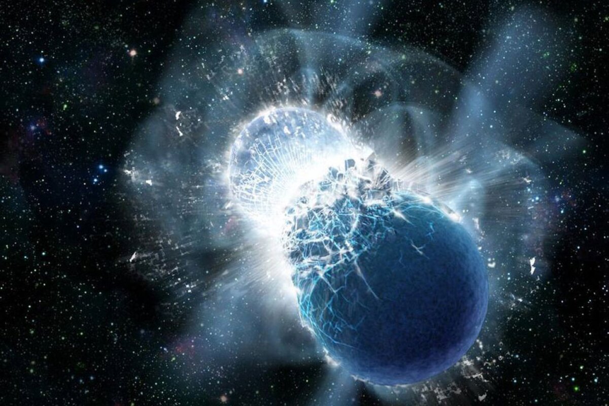 An artist's rendition of two neutron stars colliding, which is believed to be responsible for one of the gravitational wave detections in the latest batch reported by LIGO and Virgo