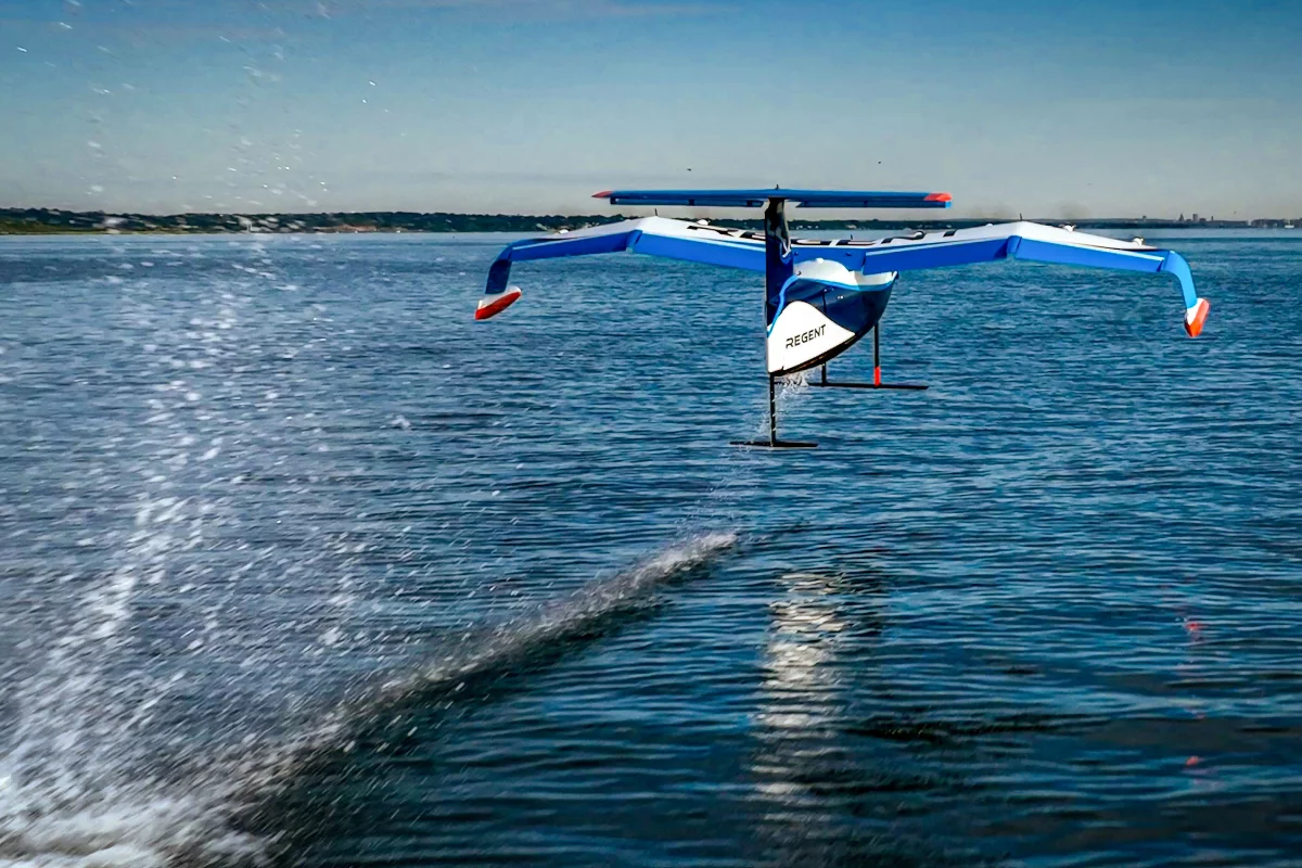 Regent's quarter-scale Seaglider prototype lifts its hydrofoils out of the water and flies
