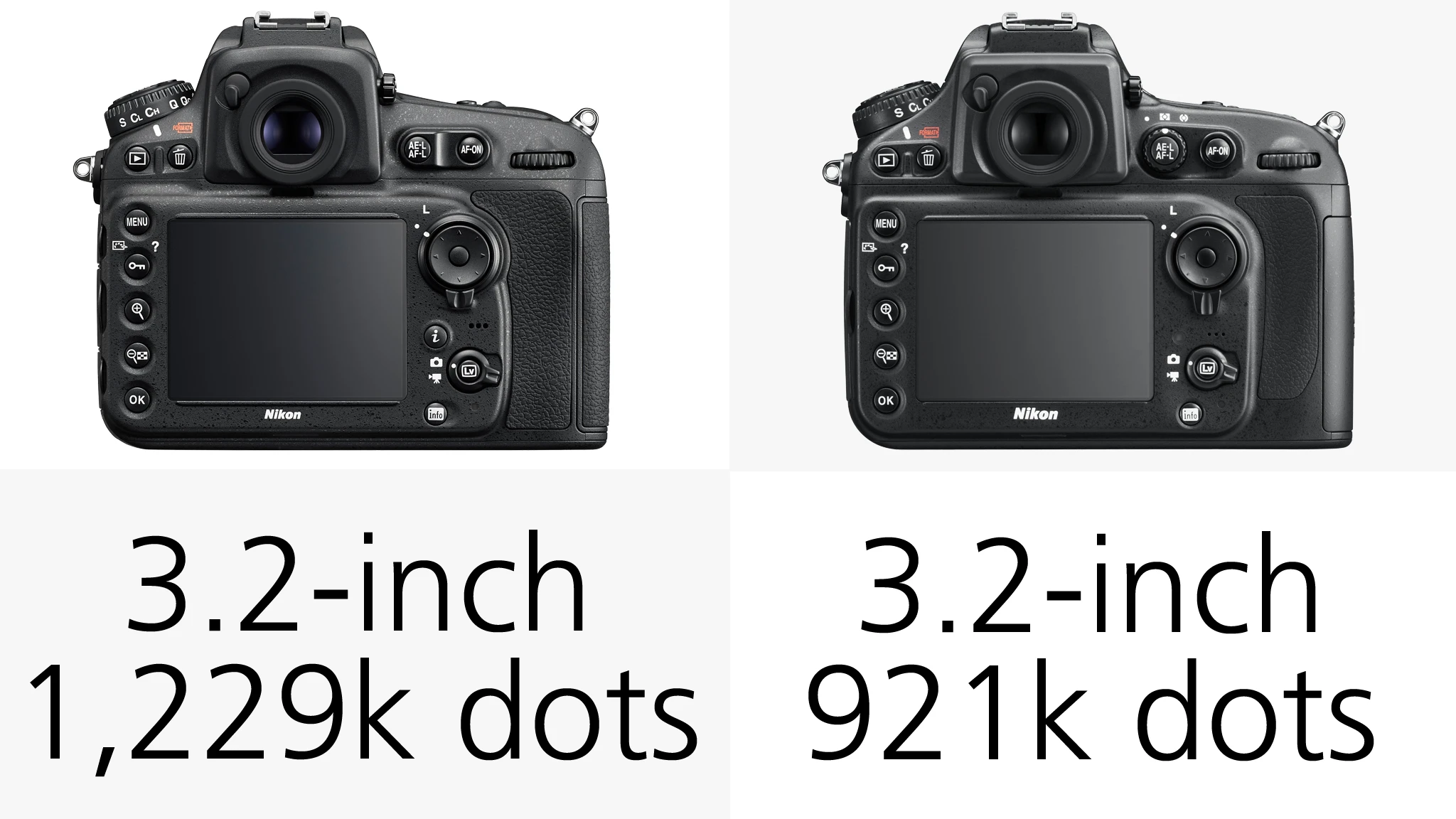 The 3.2-inch monitor on the Nikon D810 is RGBW and has 1,229k dots compared to the 921k dots of the D800/E