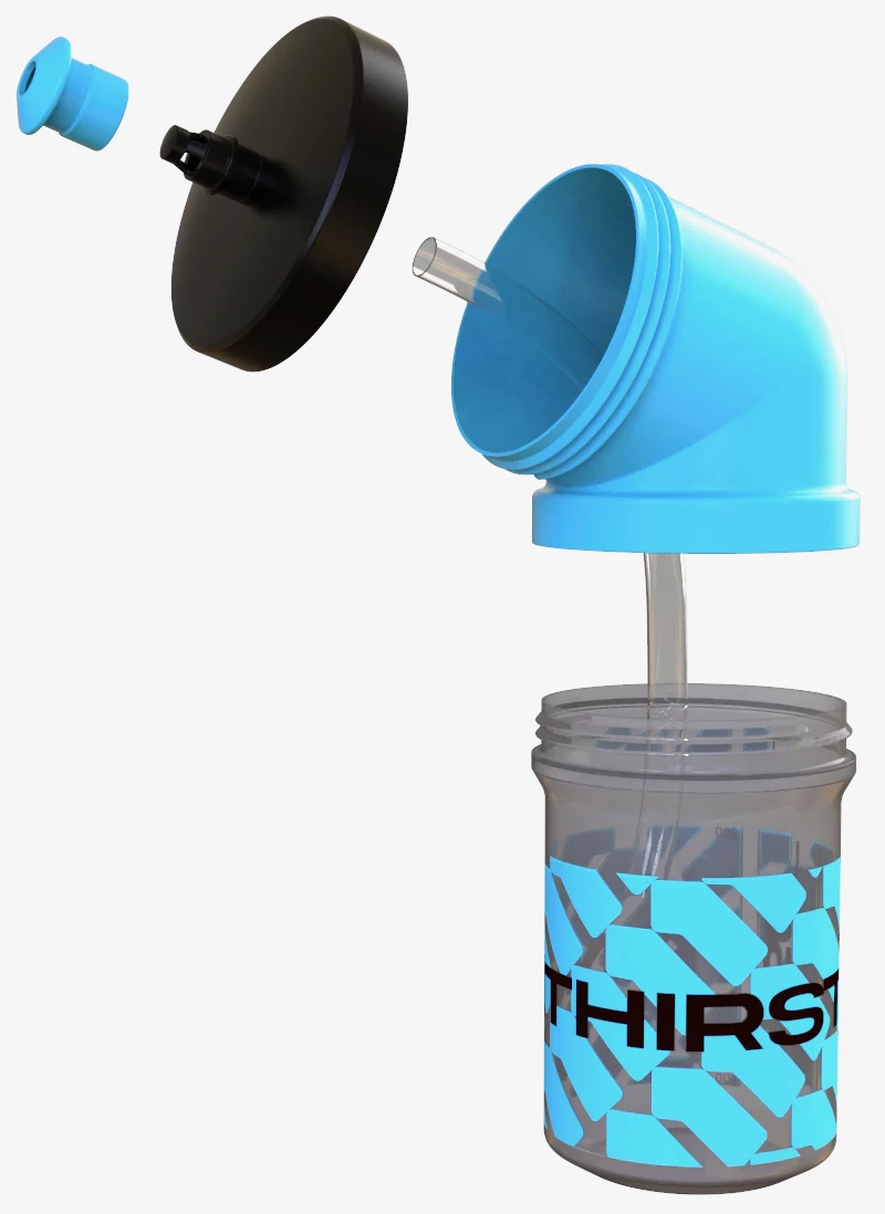 A lid with a mouth valve screws onto the Upright bottle's upper portion, with an internal rubber straw running from the mouth valve down to the bottom of the main body