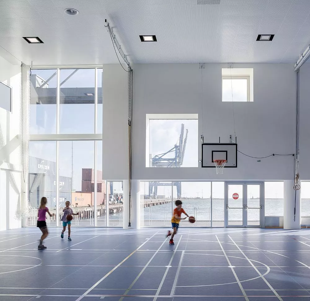 Copenhagen International School is subdivided into four towers, each ranging from five to seven stories in height