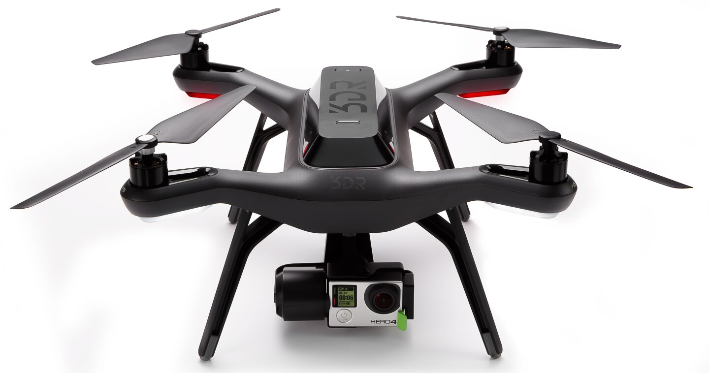 The Solo holds a GoPro4 or GoPro3+ camera in a 3-axis gimbal that stabilizes the camera for professional looking video
