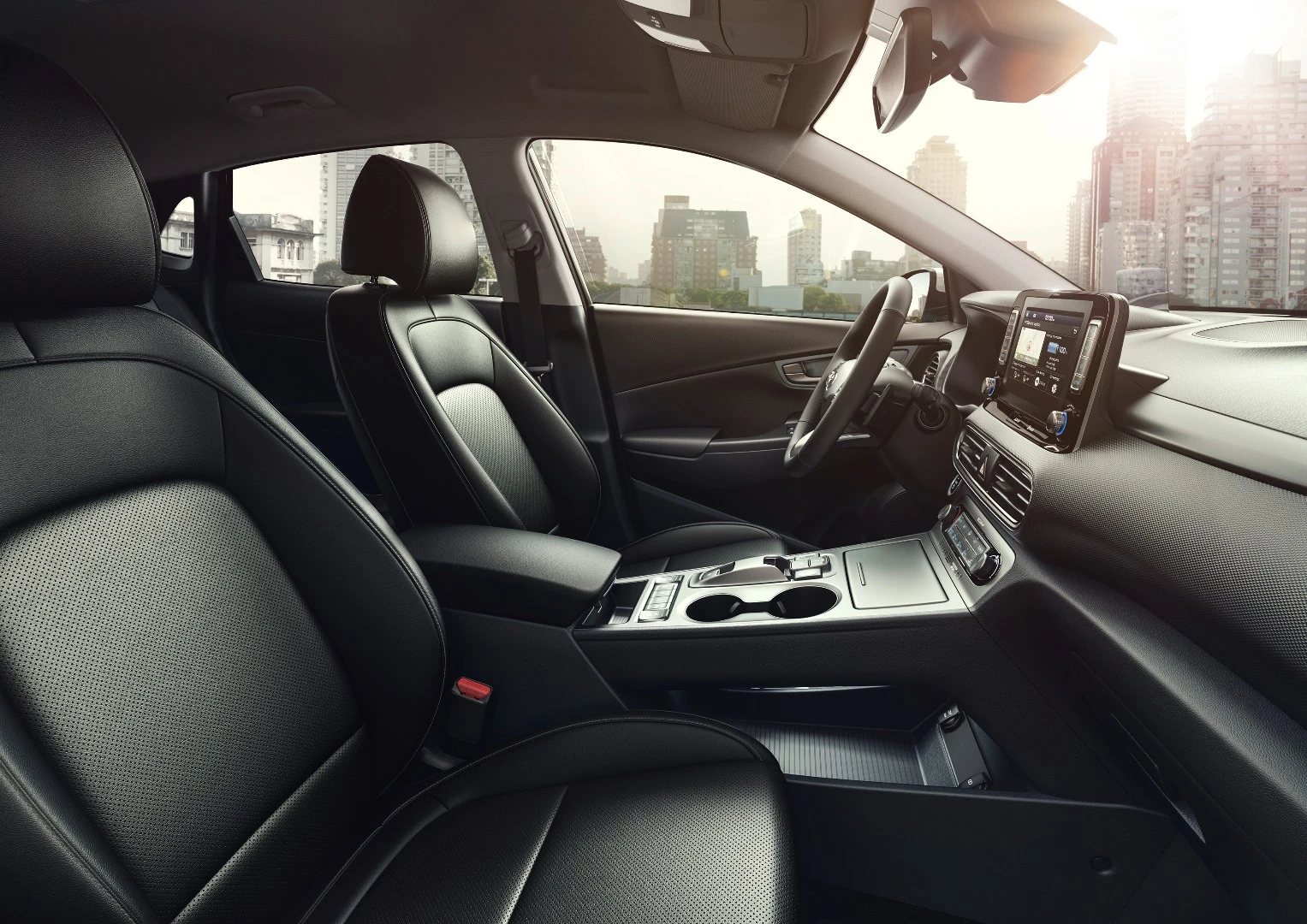Inside the Kona Electric, there's a 7-inch center touchscreen display that connects with Apple CarPlay and Android Auto