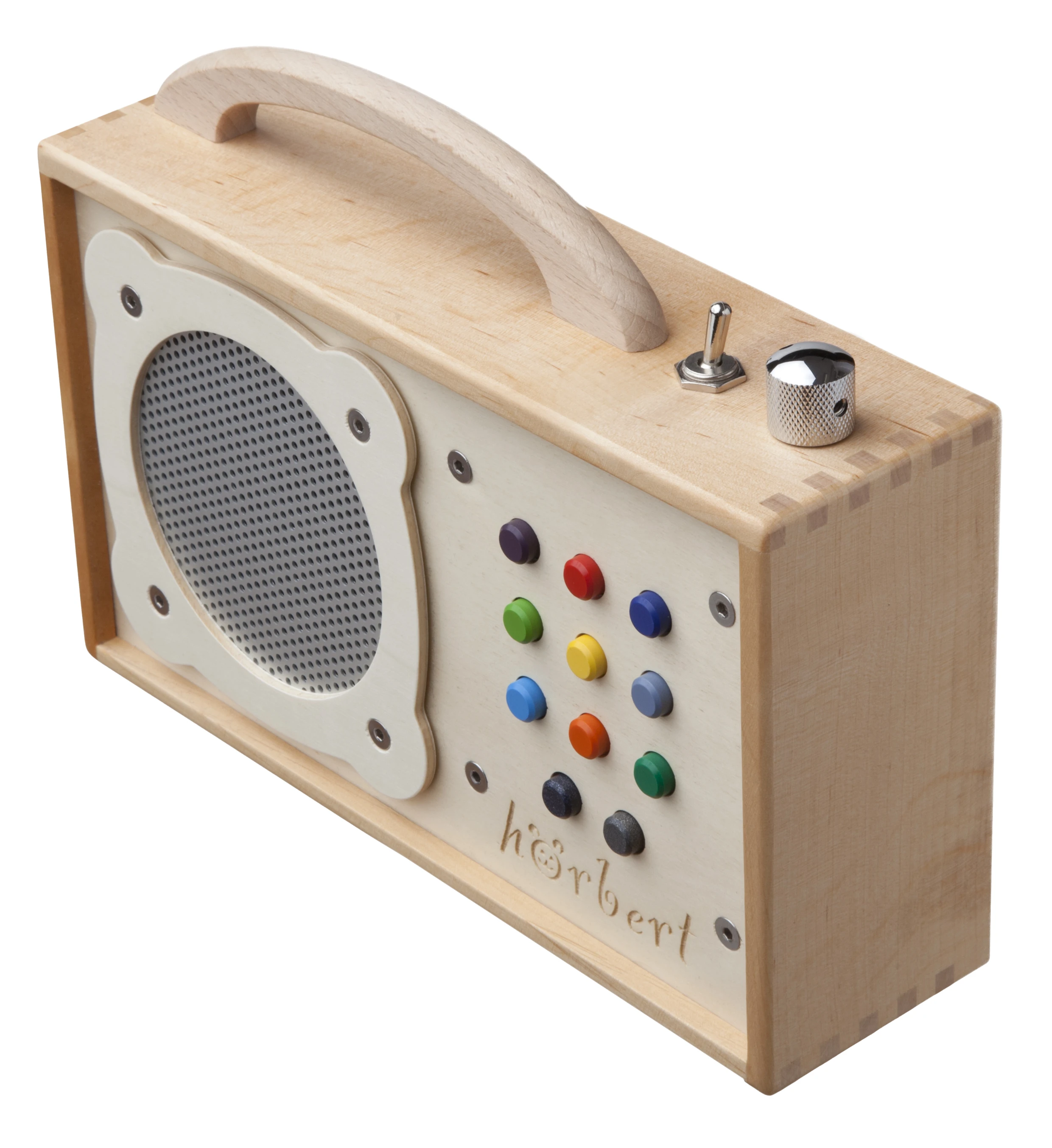At the top of the hörbert is a metal on/off switch, volume knob and a beechwood handle for carrying