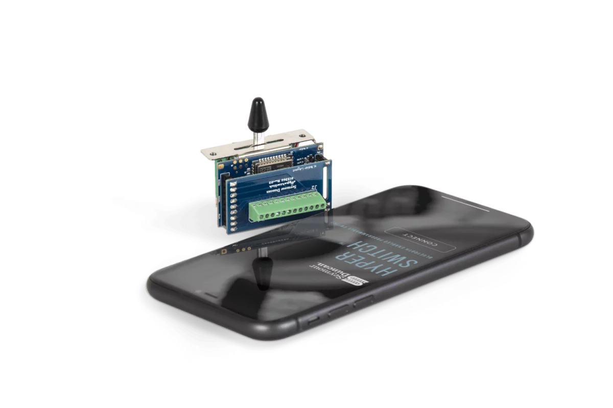 The HyperSwitch is compatible with most passive pickups, and allows players to design, store and recall custom pickup configurations using a mobile app