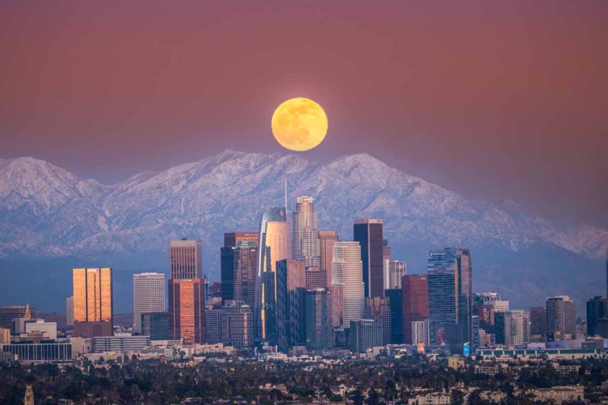 하이라이트 - 개방적이고 구축된 환경. 로스앤젤레스의 겨울 월출.