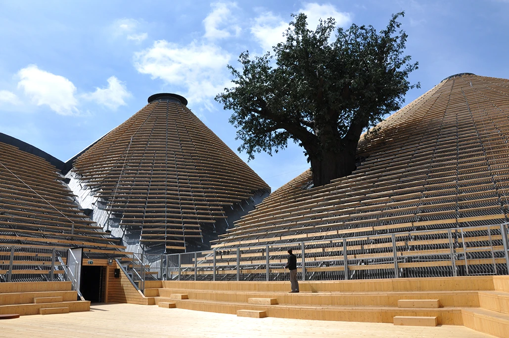A huge tree bursts out from within the UN pavilion