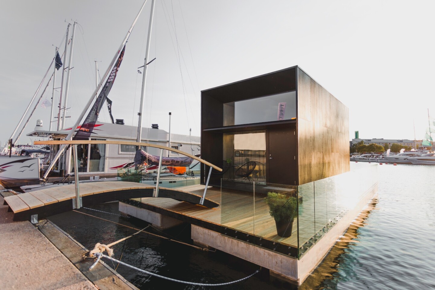 The Koda Light Float floats atop a pontoon base, but can also be installed on land if preferred