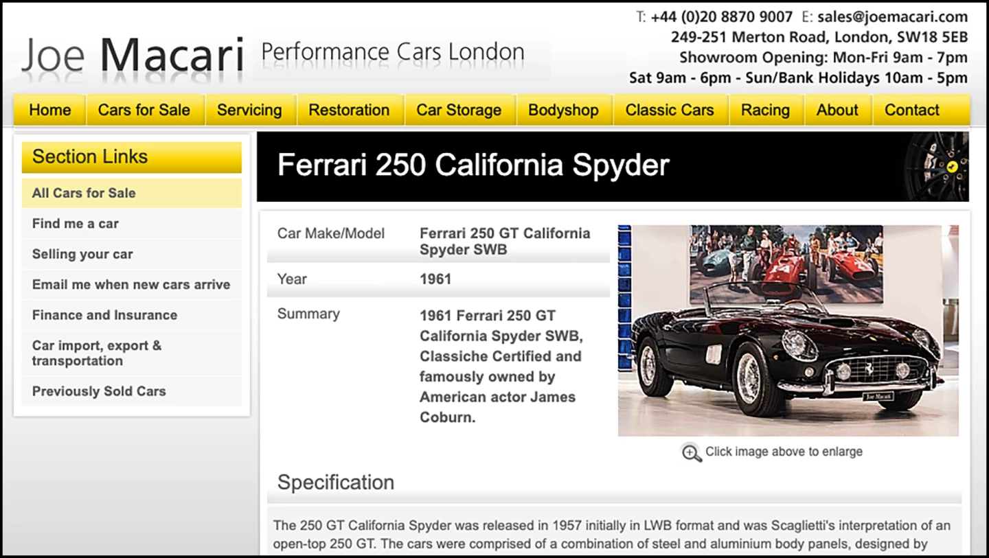 Joe Macari is selling the thirteenth of the 55 Short-wheelbase California Spyders built - a car with a particularly distinguished provenance that once held the world record price for a car sold at auction.