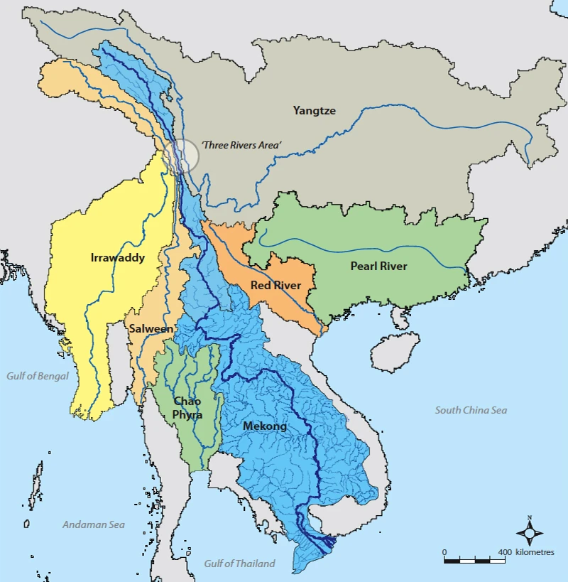 The Mekong rises like many other great rivers in the "Roof of the World", the Tibetan Plateau. It stretches 4,350 km (2,703 miles), running through China, Myanmar, Laos, Thailand, Cambodia and finally exiting to the South China Sea in Vietnam through a network of distributaries. The Mekong Delta is a "biological treasure trove"