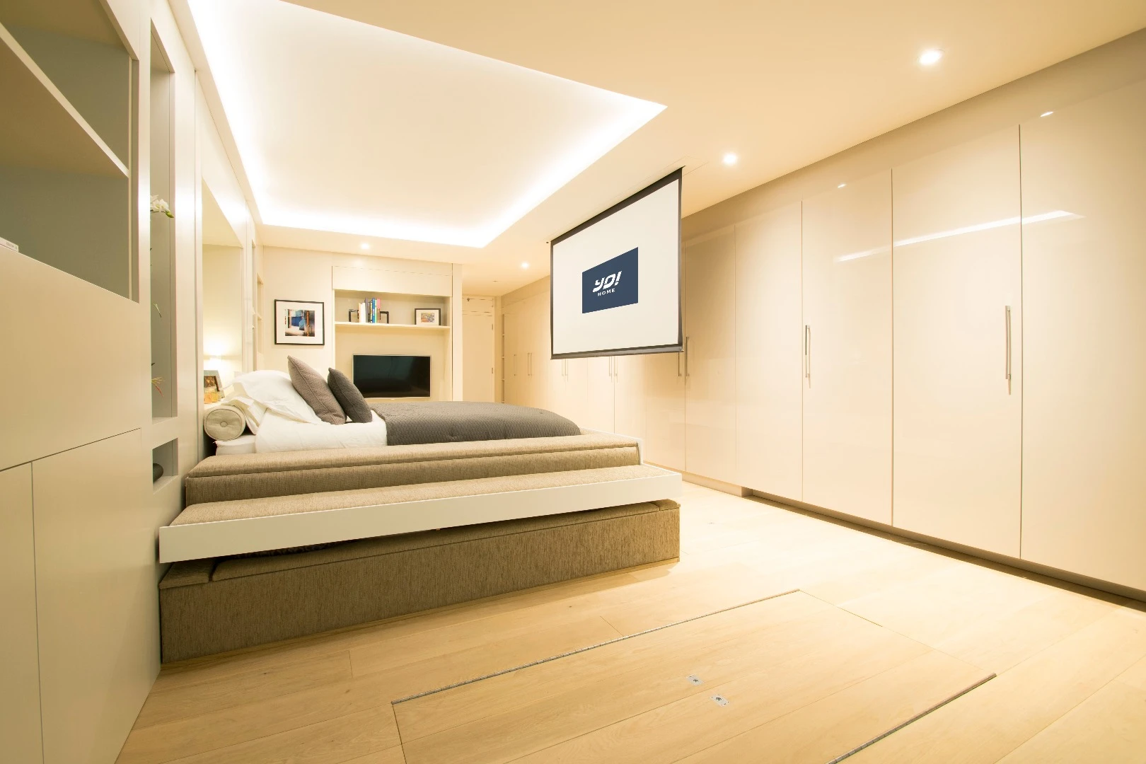Yo! Home apartments feature a drop-down projector that is hidden in the ceiling