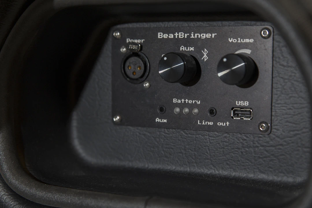 Multiple BeatBringers can be chained together from the line-out port of the master speaker to the auxiliary-in port of others
