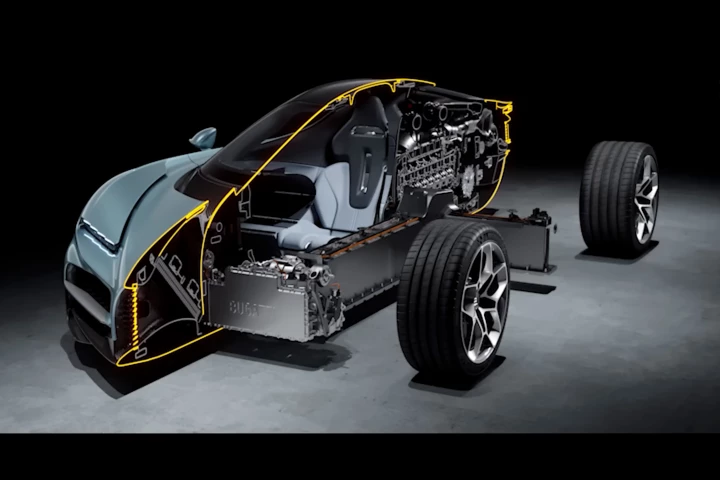 A cutaway of the Bugatti Tourbillon showing the T-shaped battery back and electric motors up front