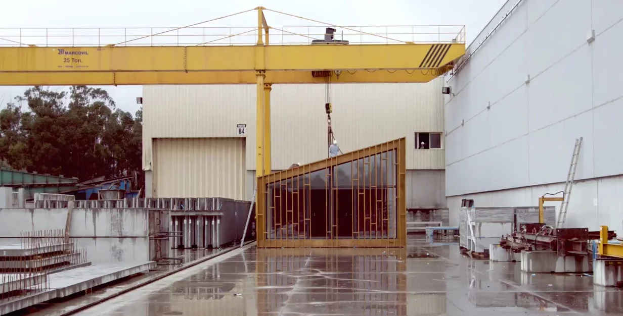 The prefab modules being collected from the factory