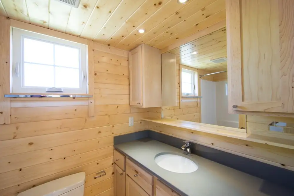 The Vintage XL's bathroom includes a toilet, bathtub and shower, and a vanity unit