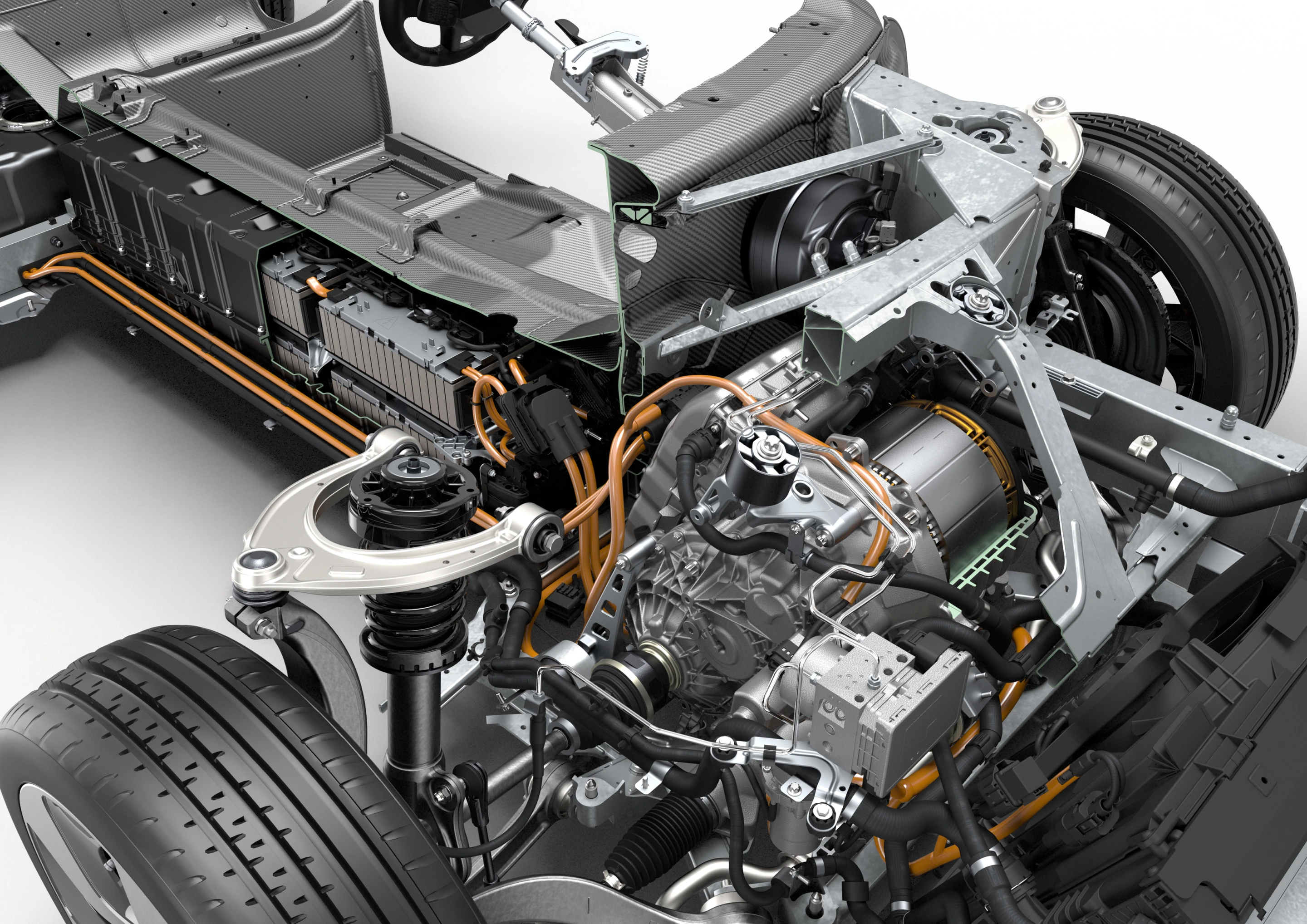 The BMW i8'sforward-mounted electric motor and suspension setup
