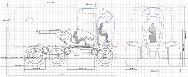 The A.N.T would be powered by six industrial electric in-wheel motors. The rotational movements would be powered by rotational hydraulics
