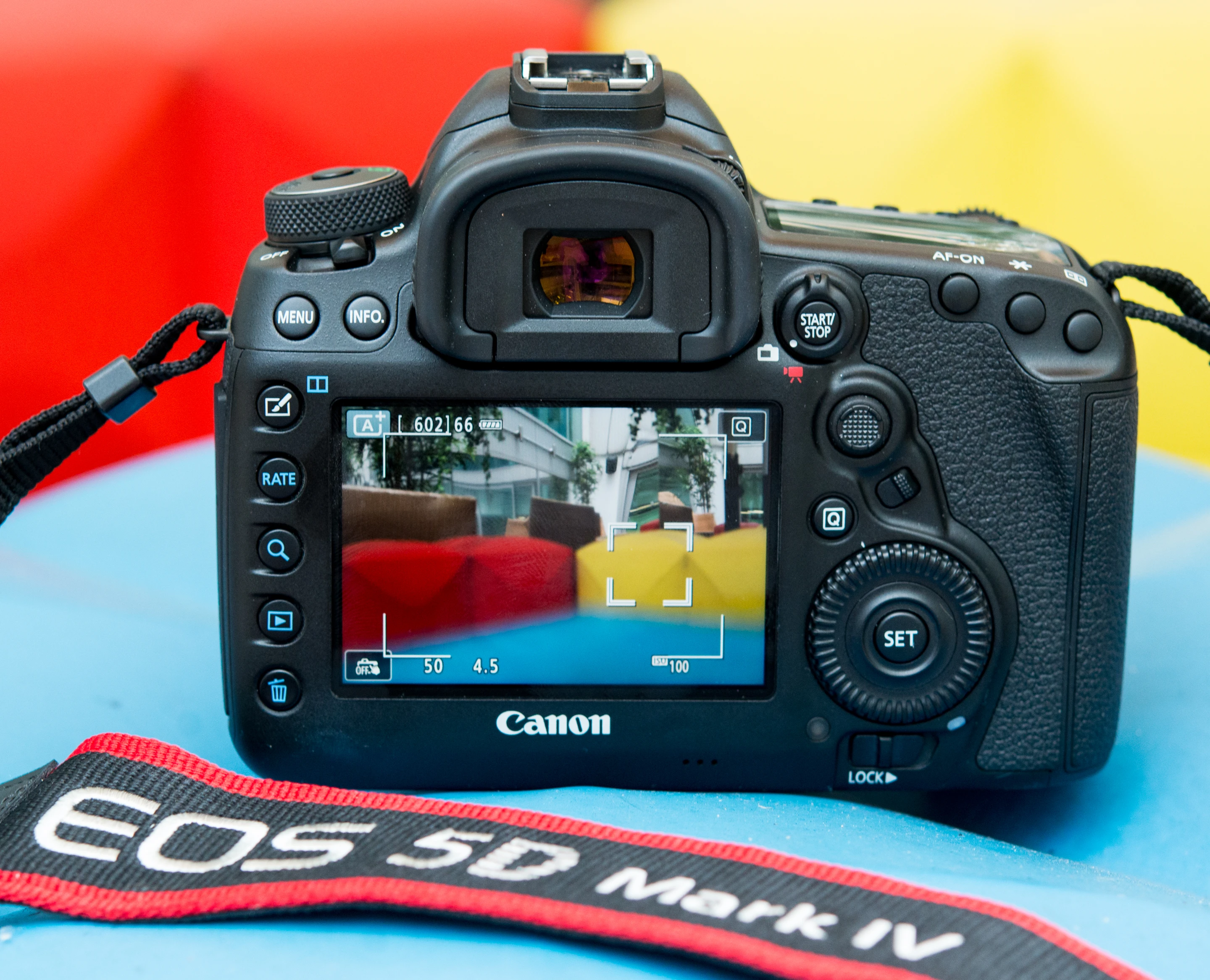 The rear touchscreen on the Canon EOS 5D Mark IV can be used when shooting, reviewing images, or navigating menus
