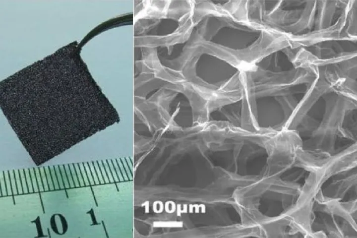 The graphene foam is macroscopic in total size (left), yet has nanoscopic internal structures (right)