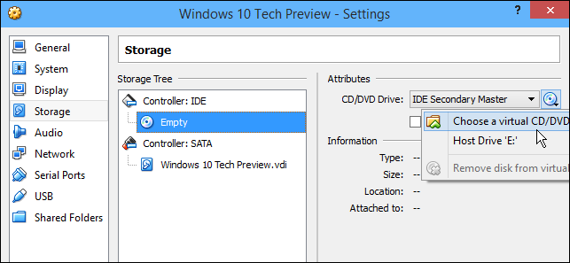 Select the Windows 10 ISO as the virtual DVD before installation