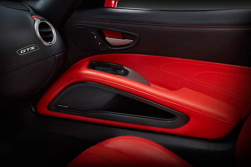 Standard high-performance racing seats from Sabelt, Ferrari’s seat-maker, feature a lightweight Kevlar/fiberglass shell and generous bolsters, and in the GTS virtually all surface are beautifully trimmed in stitched leather