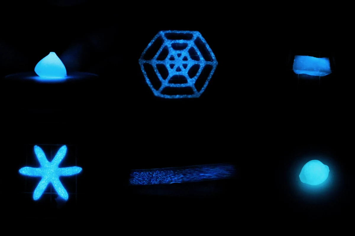 Some of the 3D-printed structures made of the bioluminescent material