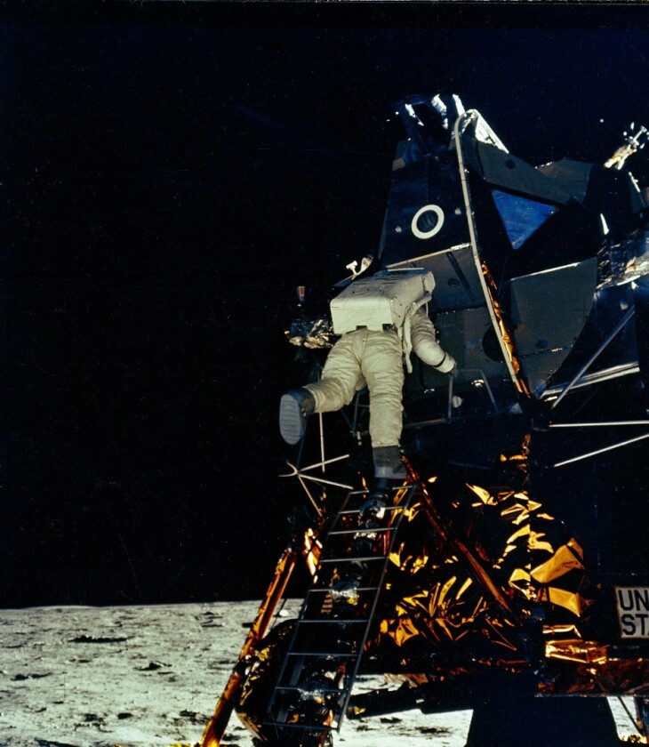Buzz Aldrin leaving the Lunar Module during the Apollo 11 mission