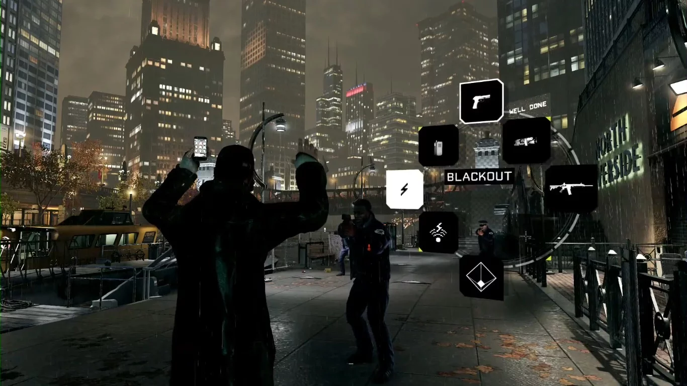 A demo at Sony's press conference showed the main character, Aiden Pearce, guiding an accomplice to safety through security cameras and triggering a blackout to evade police