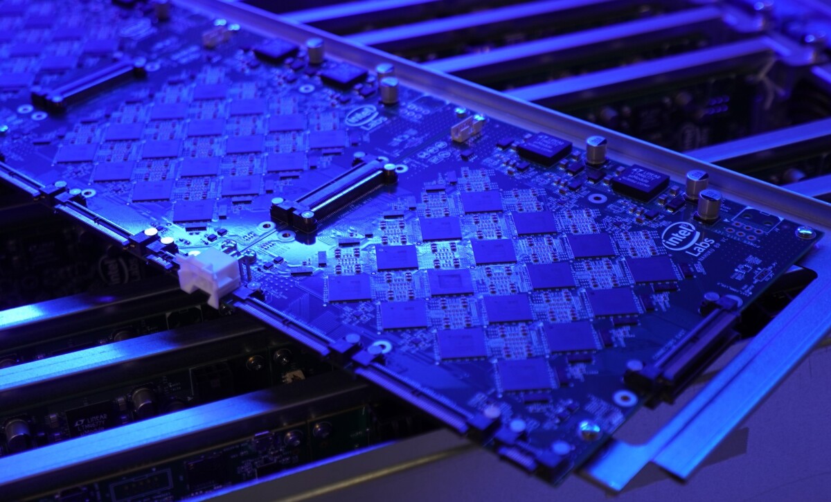 One of the rows of Loihi chips that make up Intel’s latest neuromorphic research system, Pohoiki Springs.