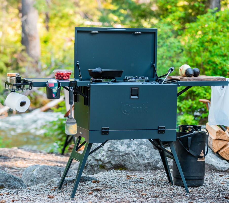 Stackable camping box opens into solo cookery or gourmet group galley