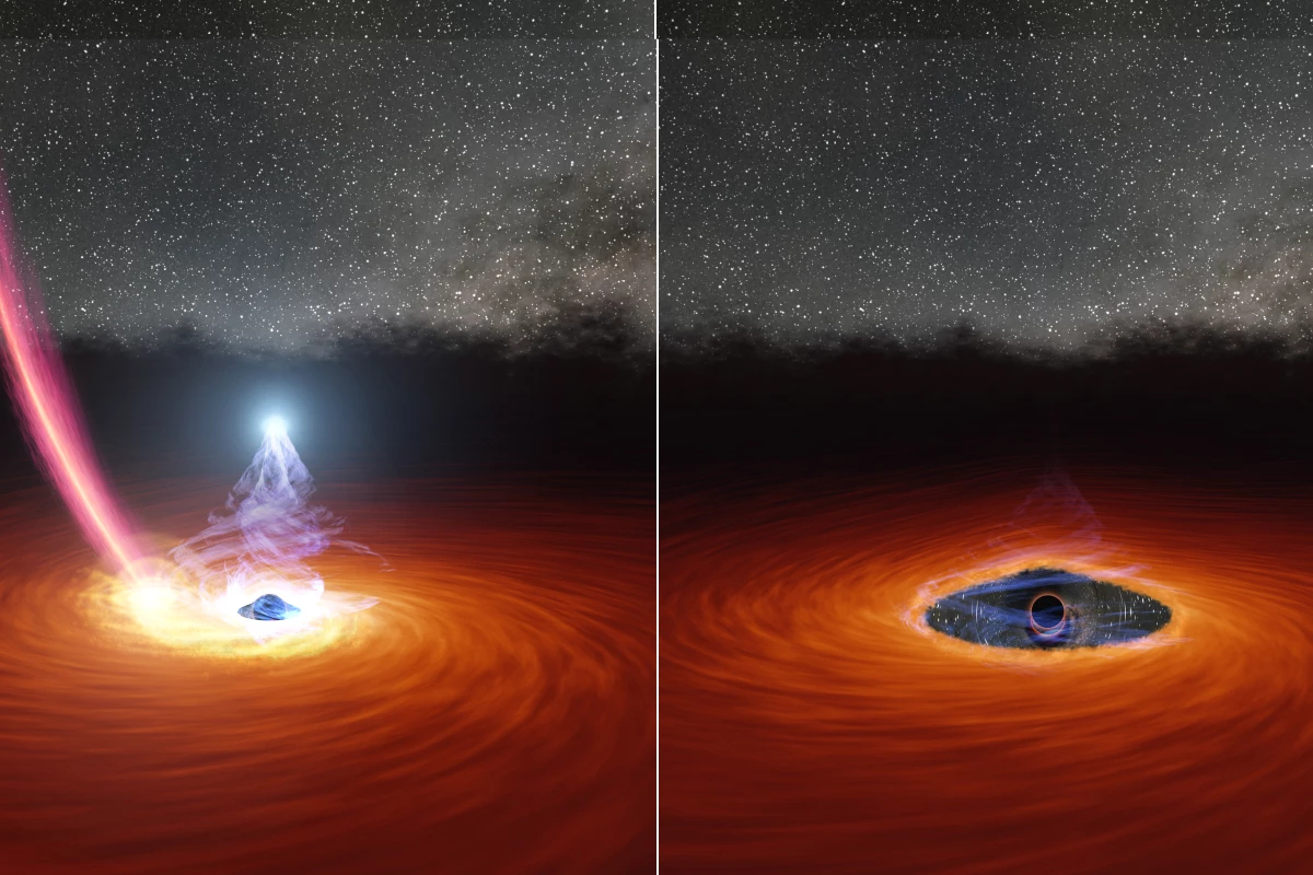 Left: a regular corona, shining bright around a black hole. Right: A faded corona, such as the one seen for the first time in the new study