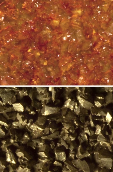 The crystals on the surface of an emery board, as seen without (top) and with (bottom) the GelSight paint (Image: Micah Kimo Johnson)