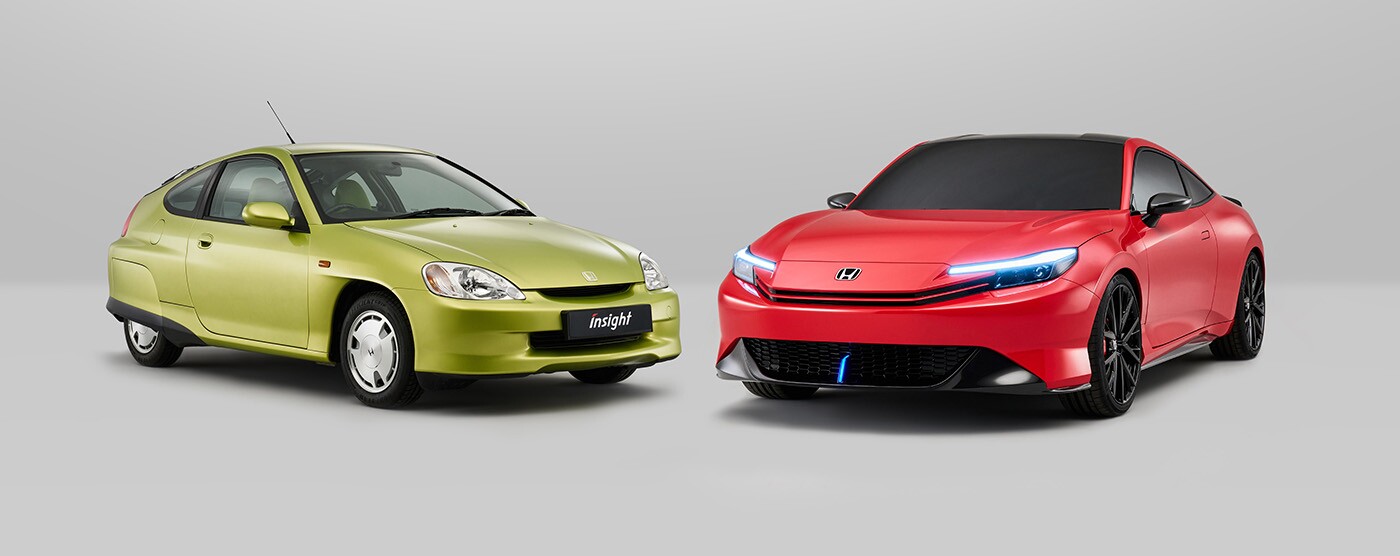 Honda timed its announcement of the hybrid Prelude (right) to coincide with the 25th year since its first hybrid, the Insight from 1999 (left)
