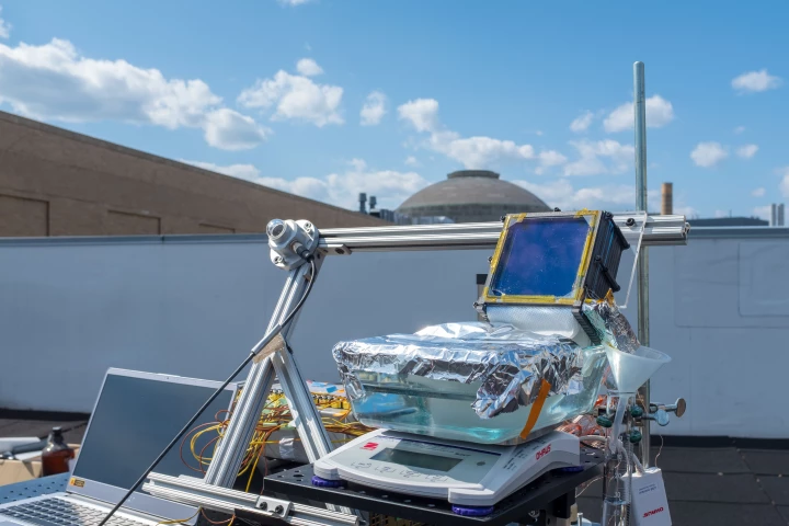 A test unit of the MIT-designed desalination system, installed on a rooftop