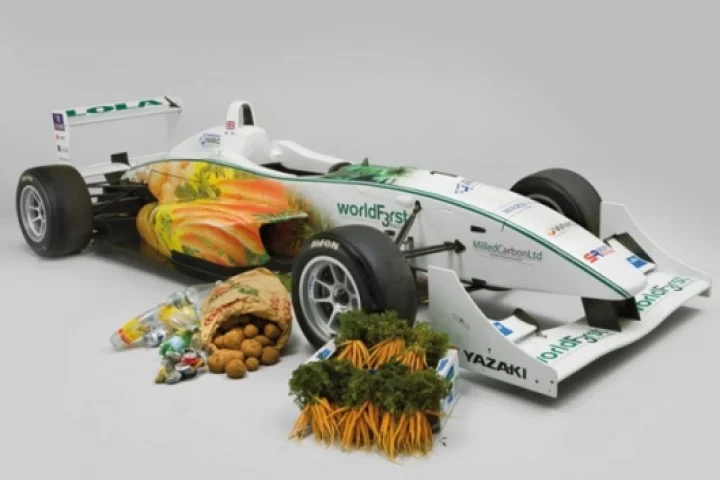 The WorldFirst Formula 3 racing car after a trip to the farmer's market for some spare parts