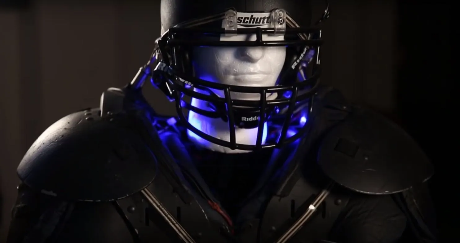 The novel helmet and shoulder pads system weighs only five pounds