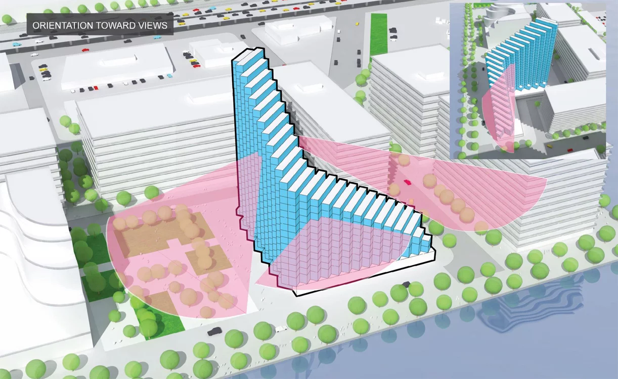 Render showing the design process and thinking behind the twisting high-rise