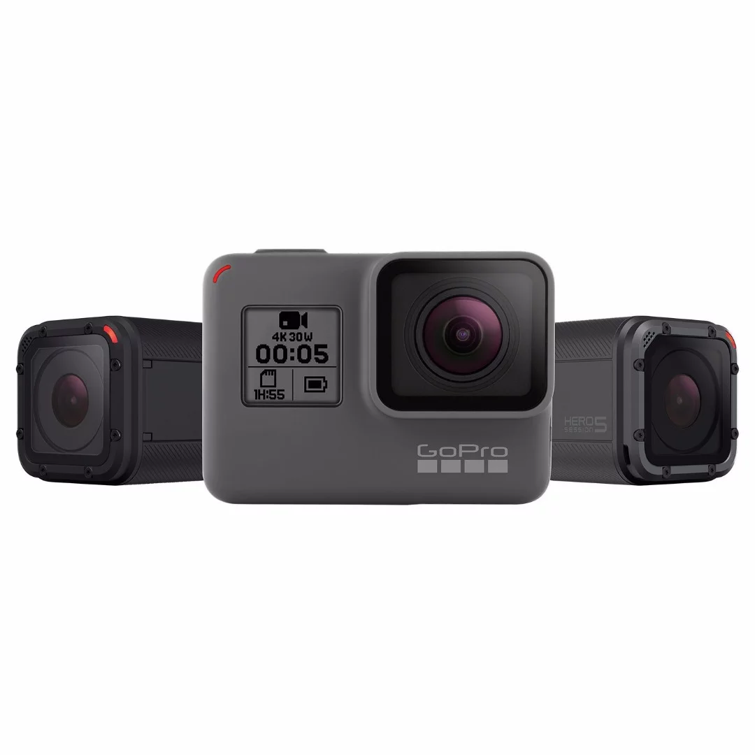 The GoPro Hero5 Black (middle), flanked by the Hero5 Session