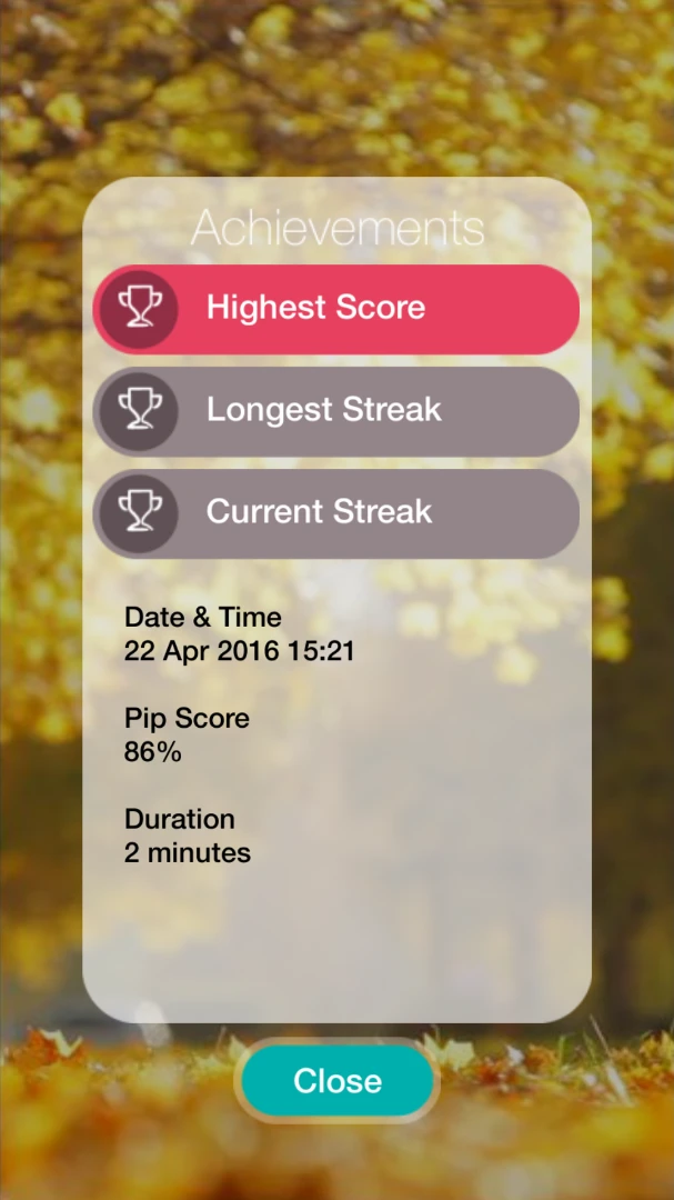 This screen appears after each session to allow access to your various scores