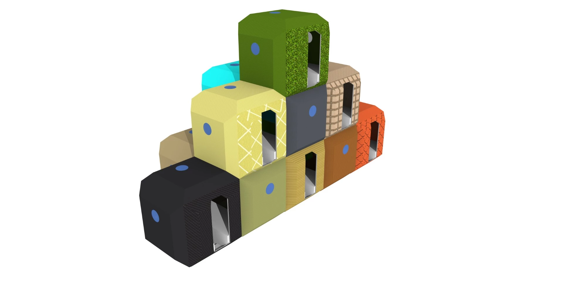 The temporary housing units can be stacked to form a pod mountain