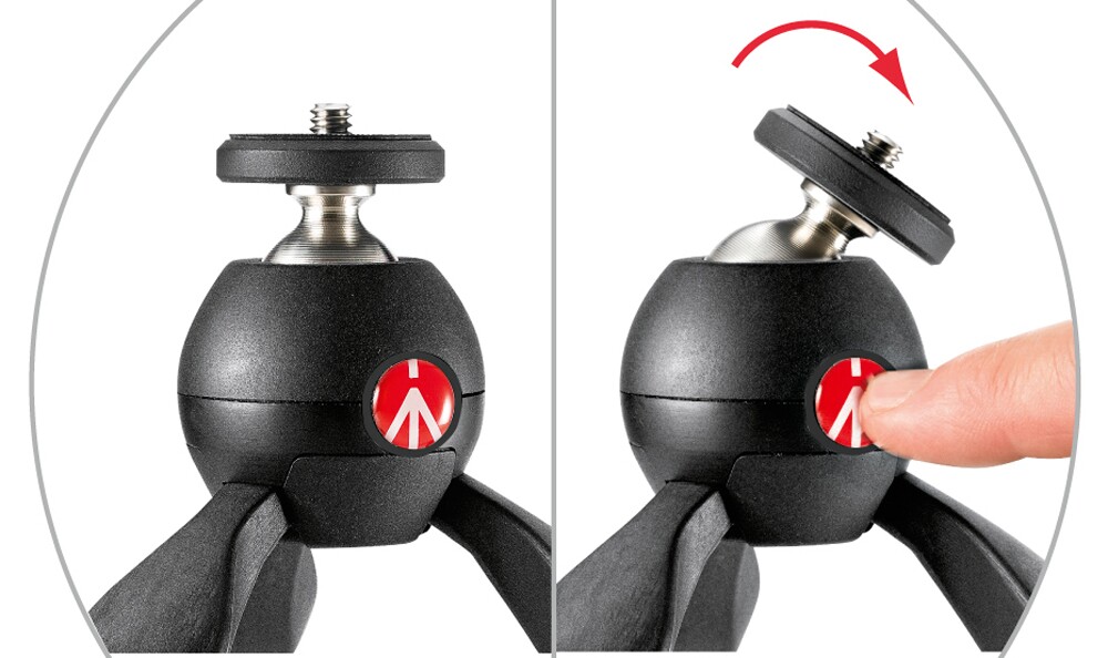 A push-button mechanism (the red Manfrotto logo) is used to allow movement of the Pixi ball-head