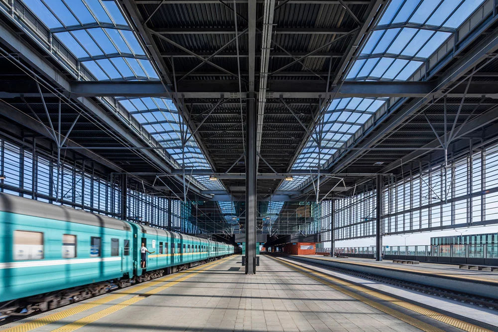 The view beneath the cantilevered roof of the Astana Train Station, Kazakhstan, by Tabanlıoğlu Architects