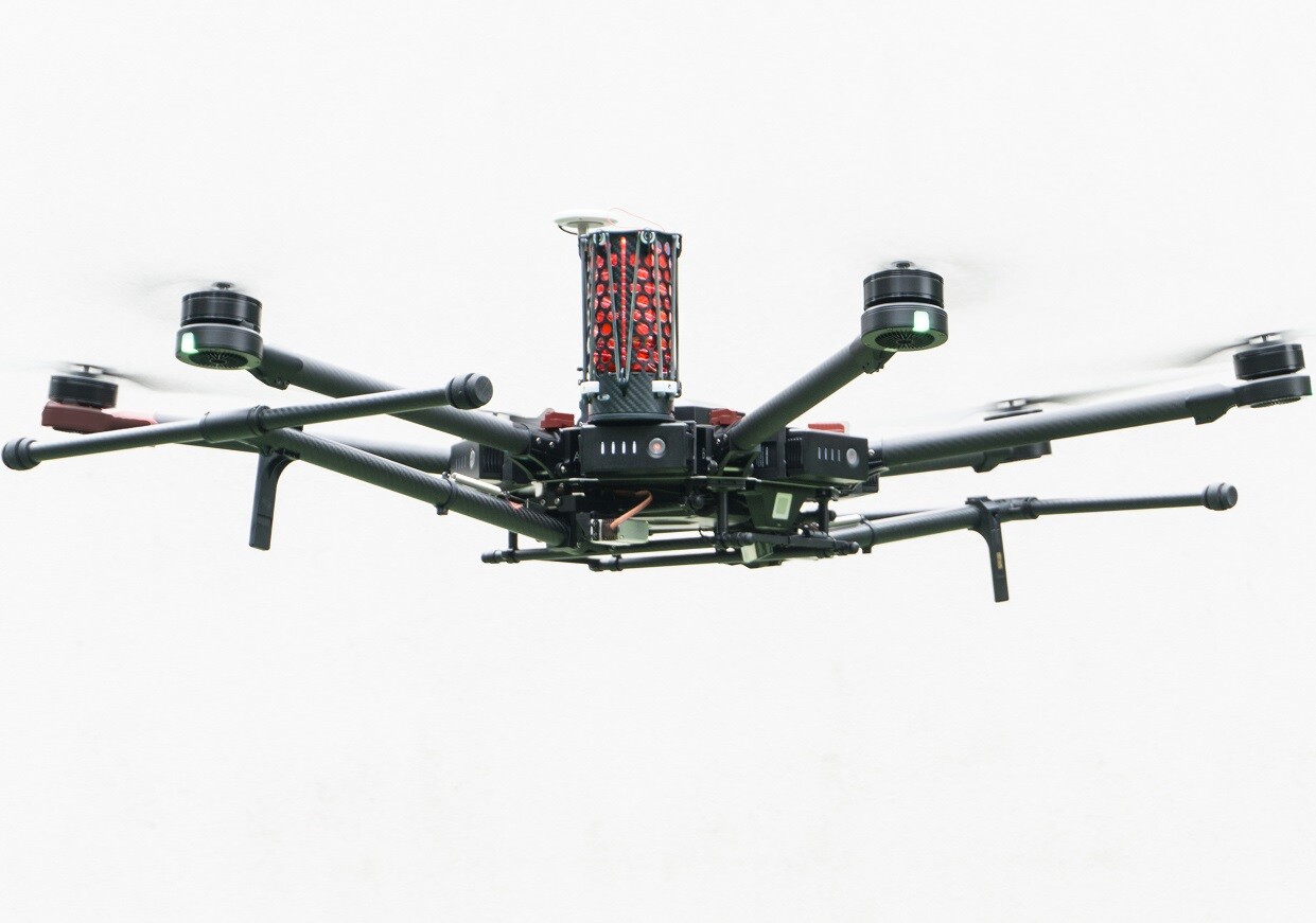 A DJI Matrice 600 drone fitted with the specially-designed DRS-M600 parachute system