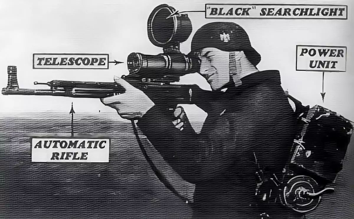 The German "Nachtjäger" holding his rifle equipped with one of the earliest portable night vision devices, the ZG 1229 Vampir