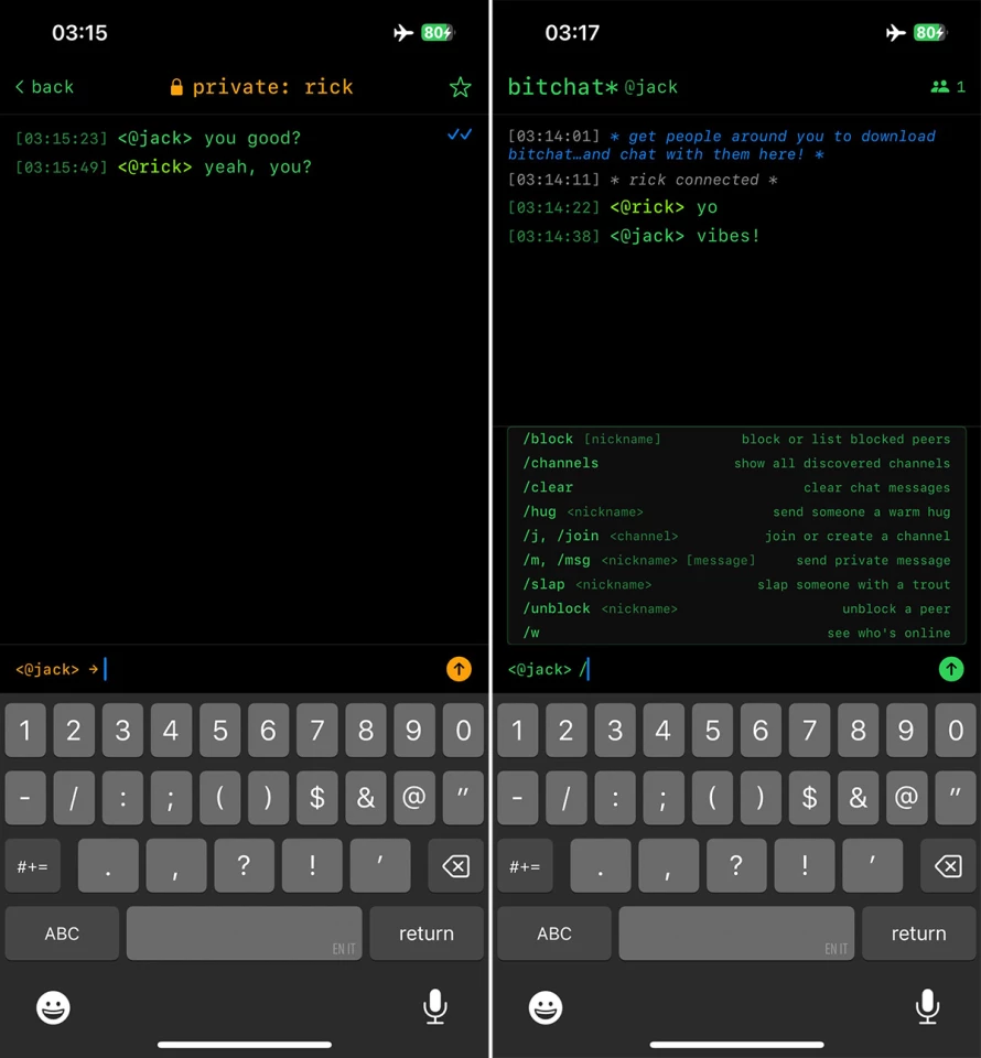 The app features IRC-like chat rooms, as well as encrypted private messaging