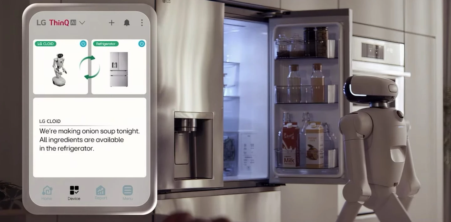 The LG CLOiD robot can interact with the owner remotely through an app - to check the fridge for ingredients, for example, before making dinner