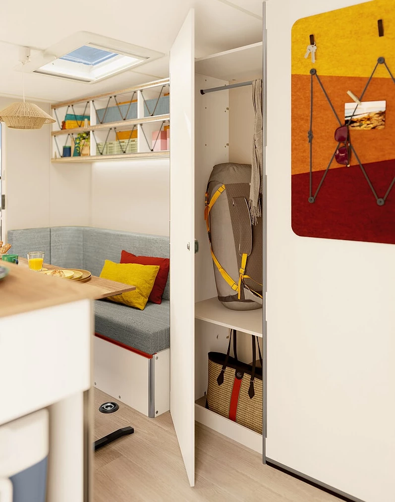 More than just a closet, the 420+'s cabinetry turns into a part-time bathroom via an optional retractable wall/door