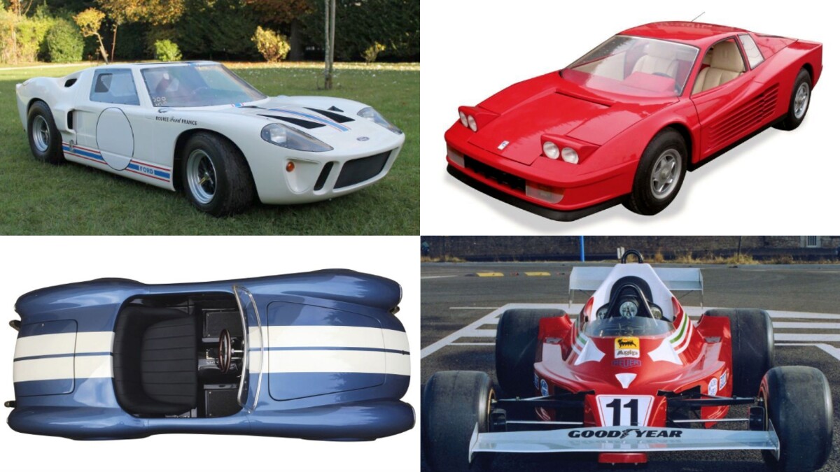 From top left, that's a Ford GT 40 by S.C.A.F.-de La Chapelle (estimate €7,000 - €10,000), a Ferrari Testarossa Junior by Agostini (estimate €8,500 - €13,500), a 1982 Ferrarina Type 312 T2 by Motor Pony (estimate €15,000 - €25,000), and an AC Cobra Junior by Harrington (estimate €10,000 - €15,000).