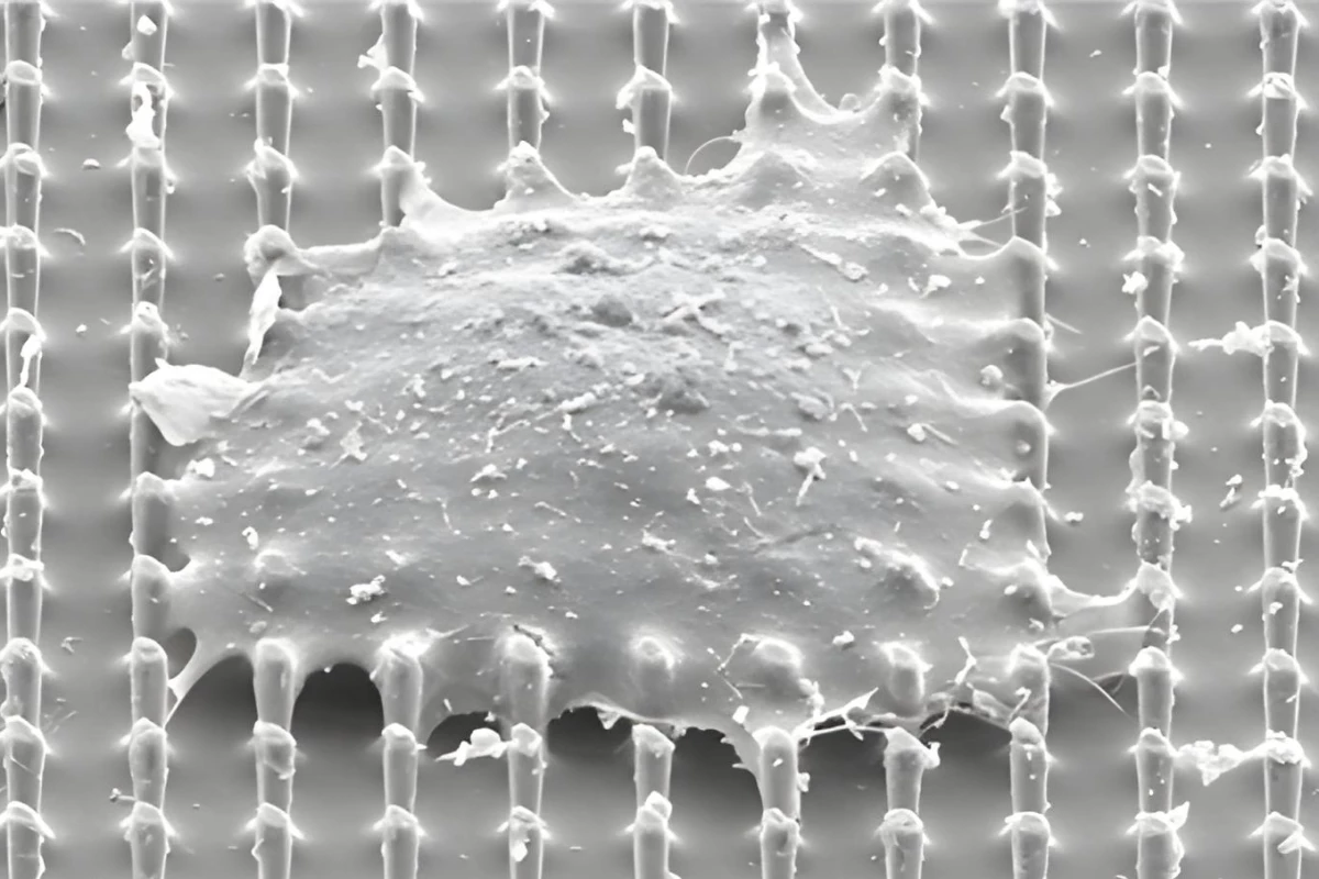 A scanning electron microscope image of a cell sitting atop the nanopillars